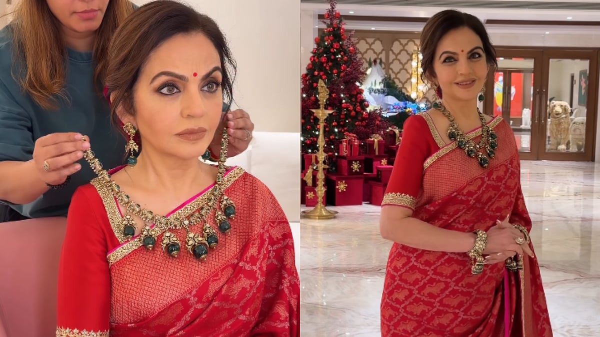 Nita Ambani’s Stunning Red Saree Look Paired With Gold & Emerald Elephant Necklace