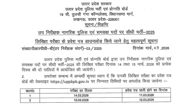 UP Police SI Exam 2026: Admit Card Release Dates Announced; Check How & When To Download Ahead Of Exams On March 14-15