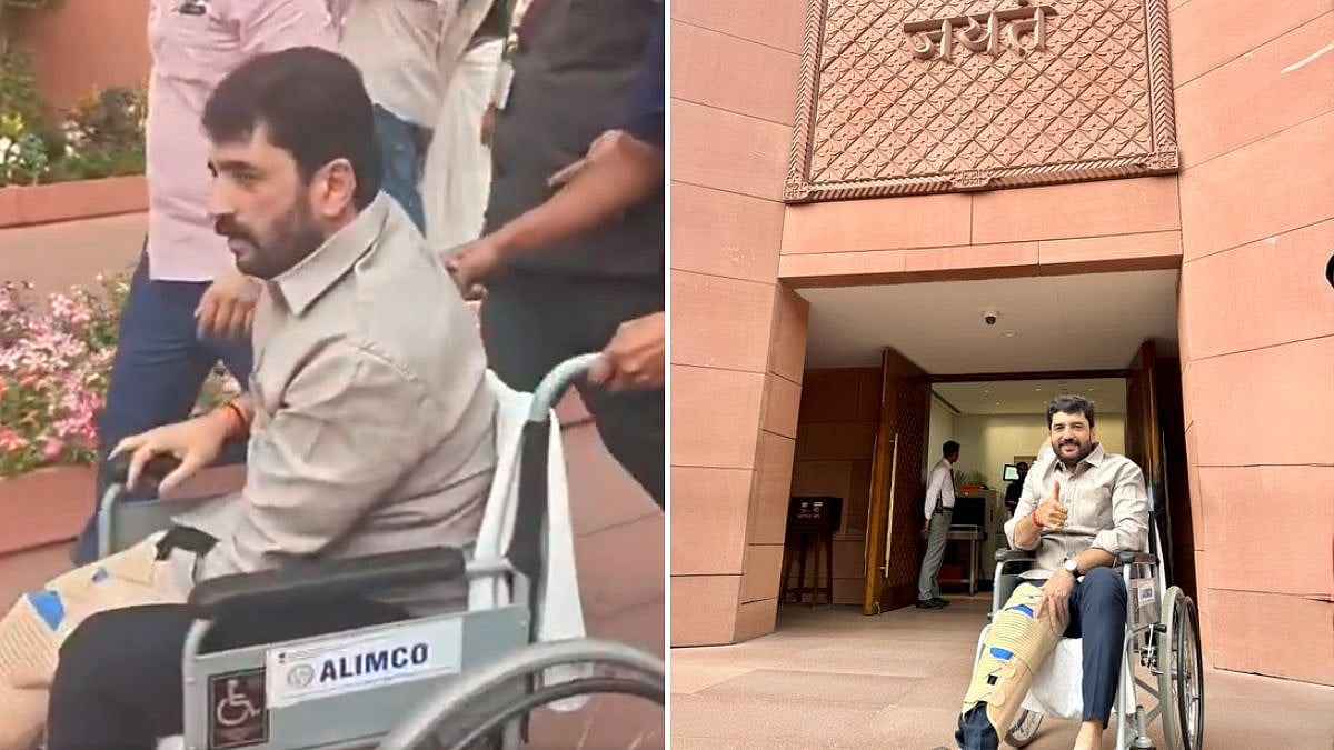 Union Minister Murlidhar Mohol Arrives In Parliament In Wheelchair After Leg Fracture Surgery